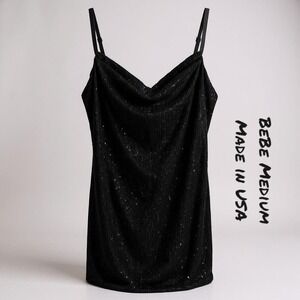 BEBE Vintage Medium Black Sequin Stretch Pull Over Pencil Dress Glam Made IN USA